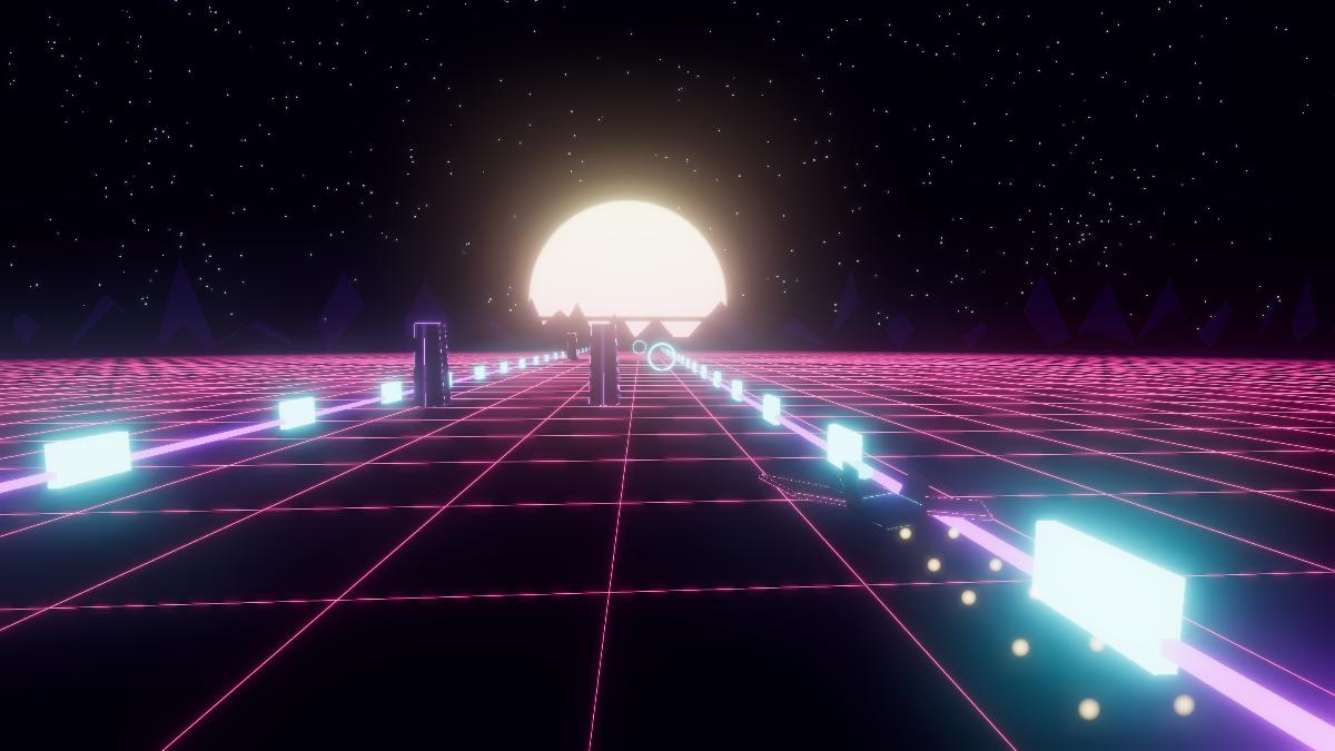 Pylons and a ring rushing toward the ship on the neon grid
