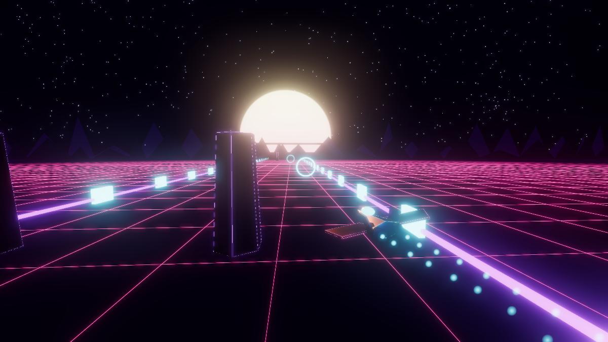 The ship banking hard between a pylon and a neon ring
