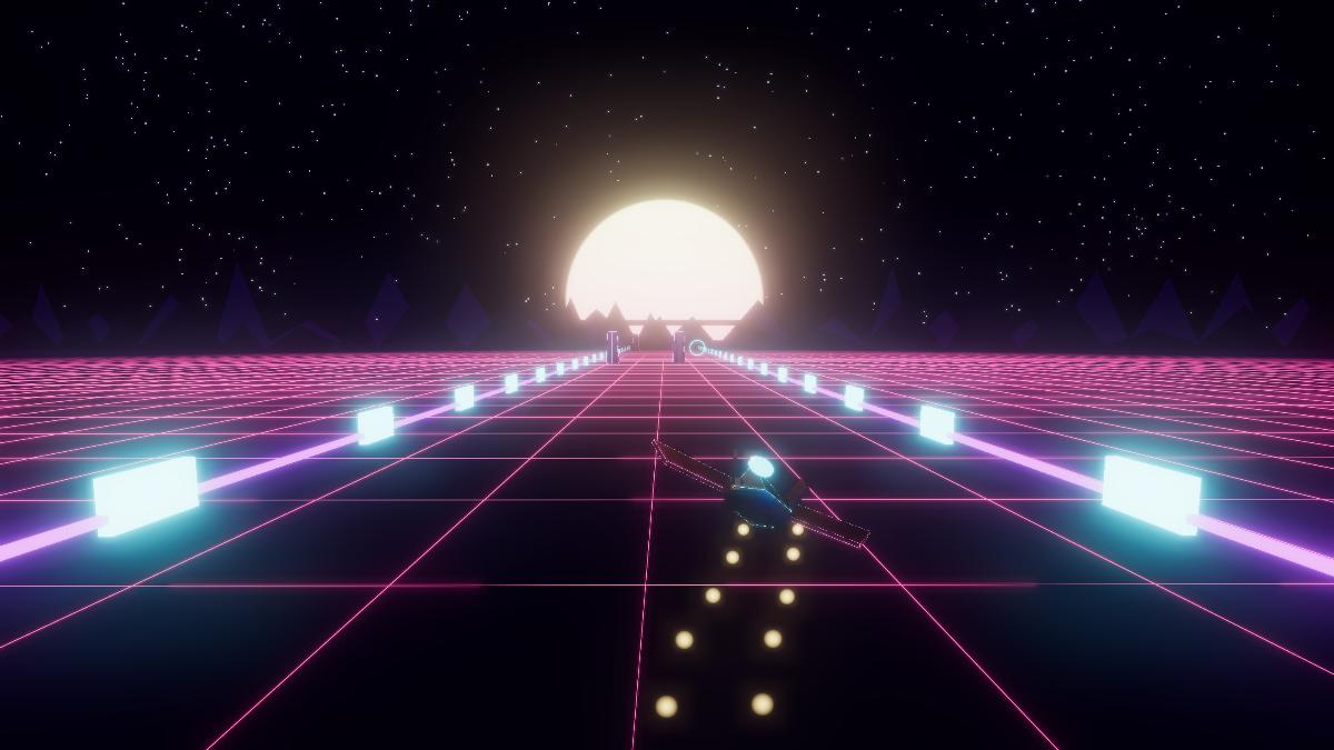 The ship burning gold turbo trail down the center of the grid